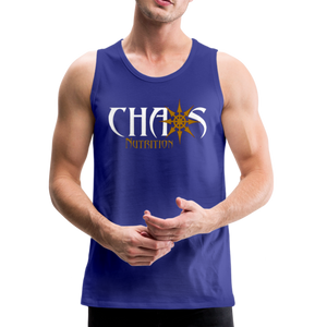 CHAOS NUTRITION, Black Tank Top with Gold- White Lettering - royal blue
