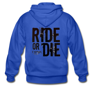 RIDE OR DIE- HEAVY BLEND UNISEX ZIP HOODIE - BLACK LETTERING - royal blue