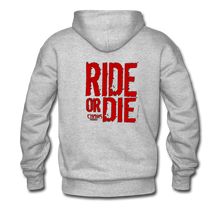 RIDE OR DIE, BLACK HOODIE WITH RED LETTERING - heather gray