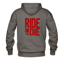 RIDE OR DIE, BLACK HOODIE WITH RED LETTERING - asphalt gray