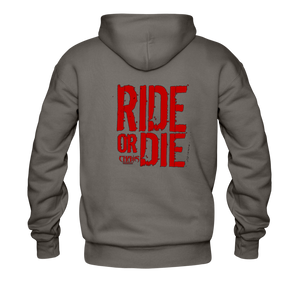 RIDE OR DIE, BLACK HOODIE WITH RED LETTERING - asphalt gray