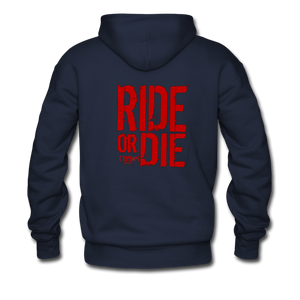 RIDE OR DIE, BLACK HOODIE WITH RED LETTERING - navy