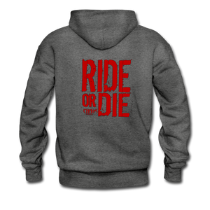 RIDE OR DIE, BLACK HOODIE WITH RED LETTERING - charcoal gray
