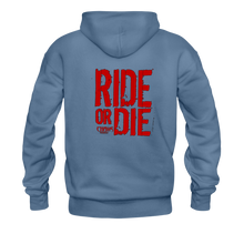 RIDE OR DIE, BLACK HOODIE WITH RED LETTERING - denim blue