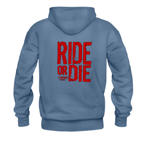 RIDE OR DIE, BLACK HOODIE WITH RED LETTERING - denim blue