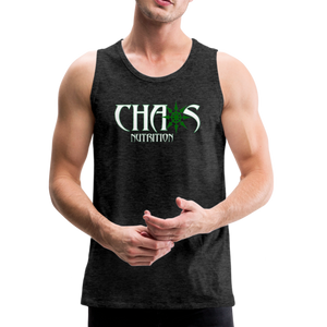 CHAOS NUTRITION, Black Tank Top with Green - White Lettering - charcoal gray