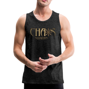 CHAOS NUTRITION, Black Tank Top with Gold Lettering - charcoal gray