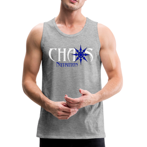 CHAOS NUTRITION, Black Tank Top with Blue- White Lettering - heather gray