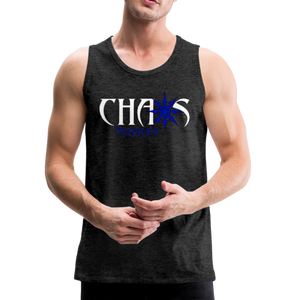 CHAOS NUTRITION, Black Tank Top with Blue- White Lettering - charcoal gray