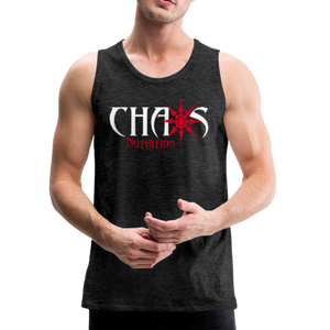 CHAOS NUTRITION, Black Tank Top with Red - White Lettering - charcoal gray
