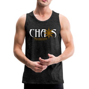 CHAOS NUTRITION, Black Tank Top with Gold- White Lettering - charcoal gray