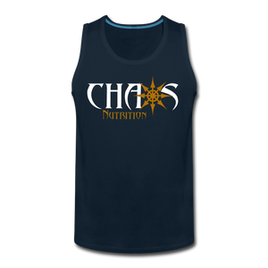 CHAOS NUTRITION, Black Tank Top with Gold- White Lettering - deep navy