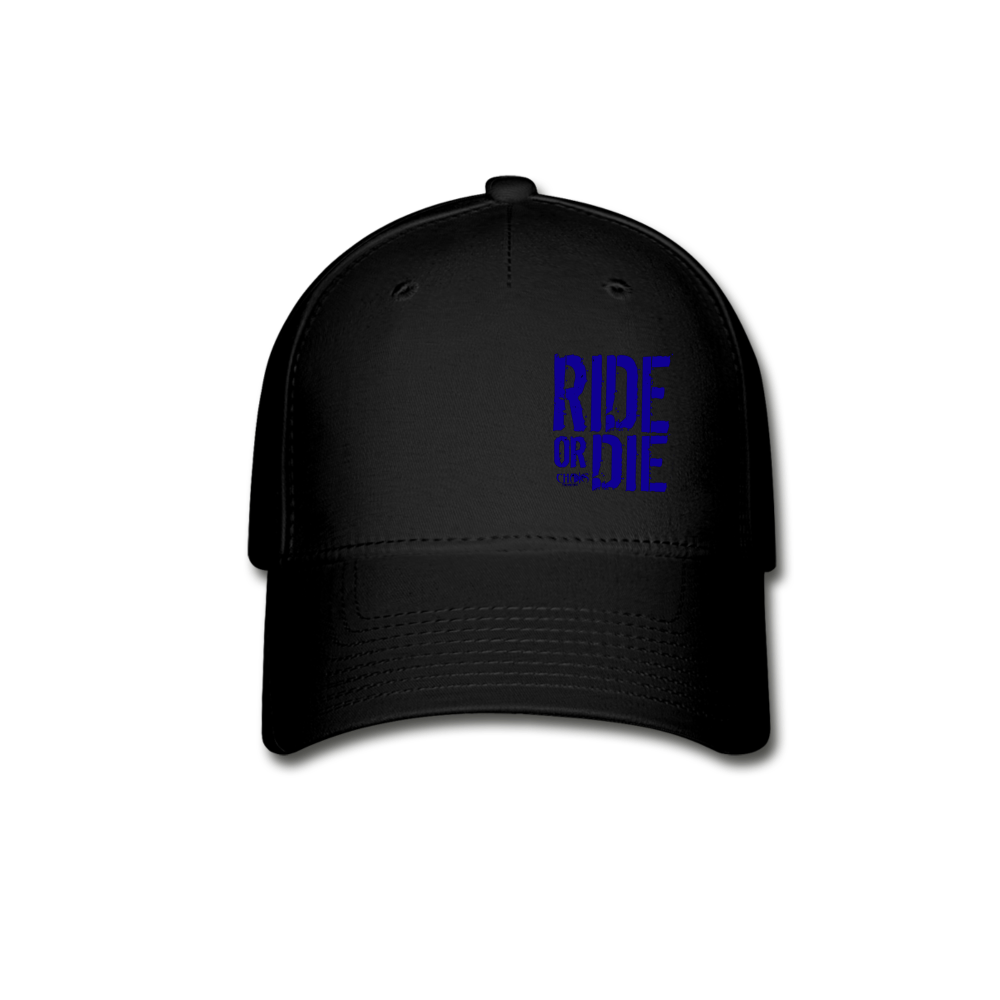 RIDE OR DIE FLEX FIT HAT - BLACK WITH BLUE LOGO - black