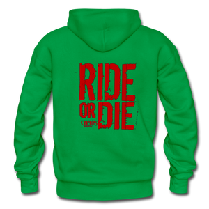 OG CHAOS + RIDE OR DIE, BLACK HOODIE WITH RED LETTERING - kelly green