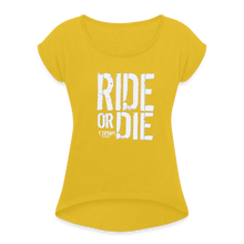 Ride Or Die White Logo Women's Roll Cuff T-Shirt - mustard yellow