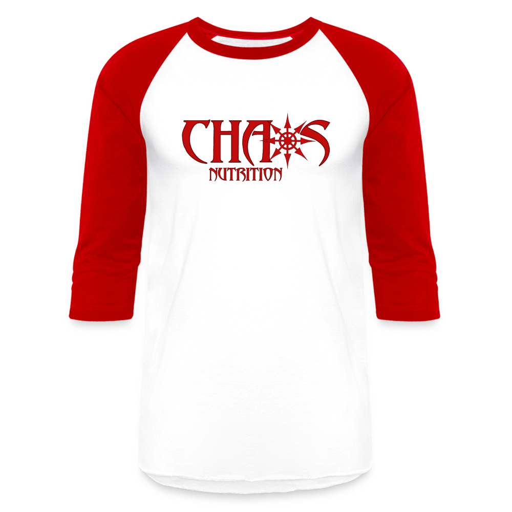 CHAOS NUTRITION  - PREMIUM 3/4 SLEEVE BASEBALL T-SHIRT- RED LOGO - white/red