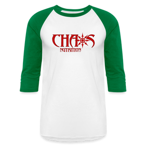 CHAOS NUTRITION  - PREMIUM 3/4 SLEEVE BASEBALL T-SHIRT- RED LOGO - white/kelly green